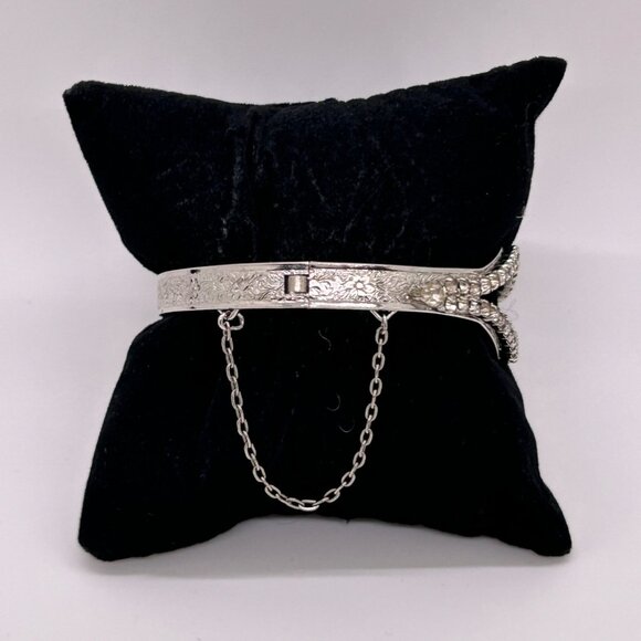 Vintage Silver-Tone Hinged Bangle Bracelet With Rhinestone Accents & Safety Chai - Picture 11 of 13